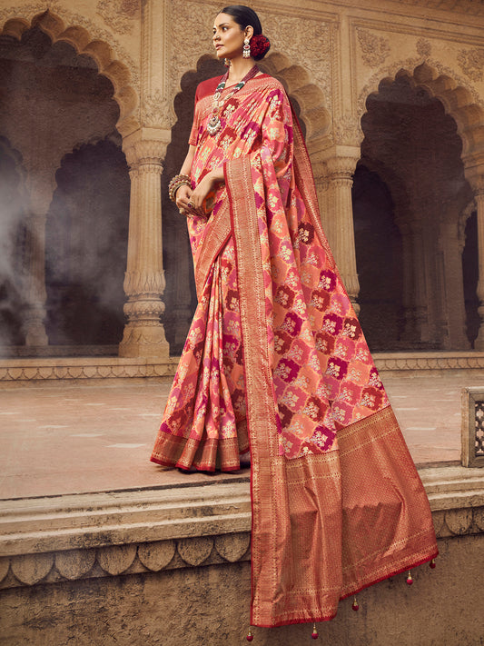 Women's Silk Blend Peach Woven Design Designer Saree With Blouse Piece