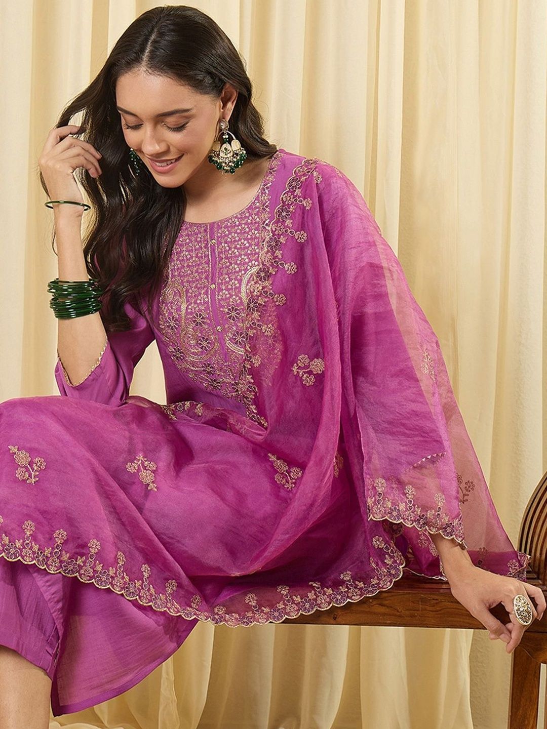 Women Ethnic Motifs Embroidered Regular Thread Work Kurta with Trousers & With Dupatta