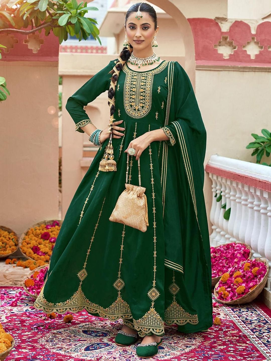 Dhiyona CH Women Woven Design Embroidered A-Line Kurta with Trousers & Dupatta