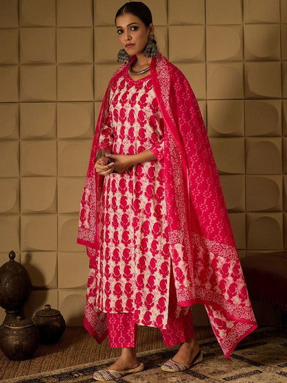 Dhiyona IE Paisley Printed V-Neck Regular Pure Cotton Kurta With Trouser With Dupatta