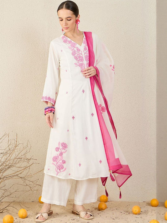 Floral Embroidered V-Neck Thread Work A-Line Kurta & Trousers With Dupatta