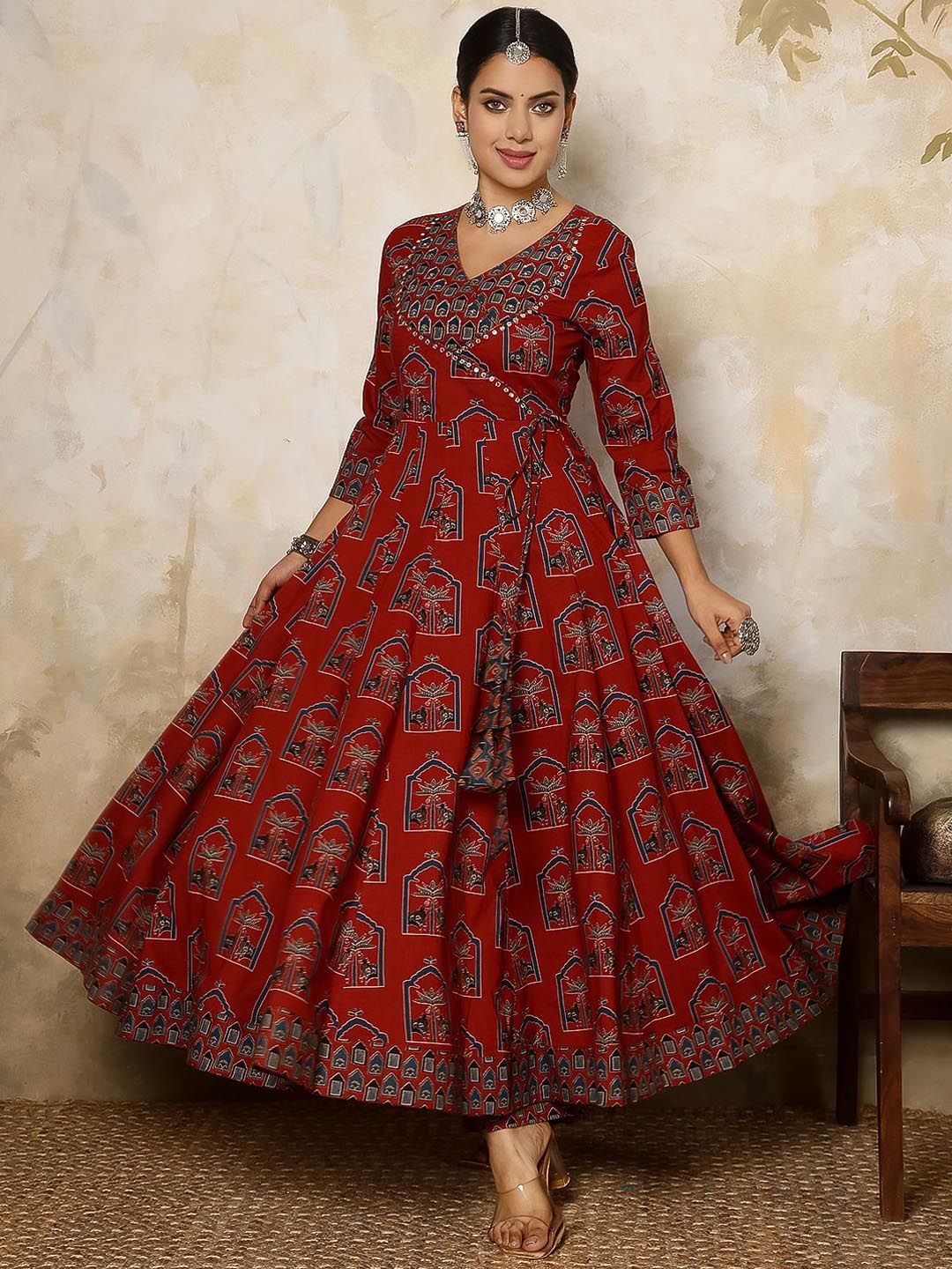 Dhiyona SN Women's Printed Pure Cotton Flared V-Neck Anarkali Kurta & Palazzo With Dupatta