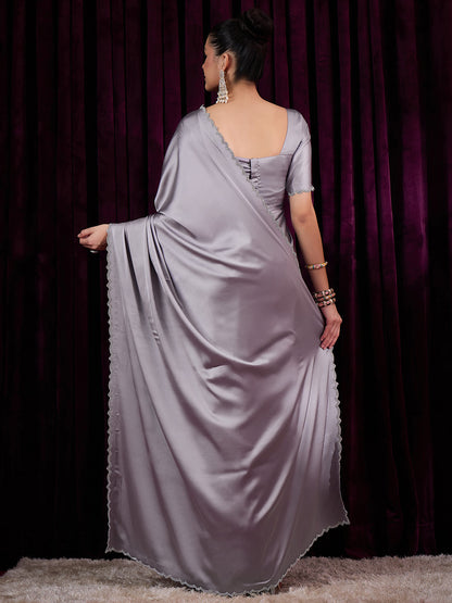 Women's Satin Silk Grey Embellished Designer Saree With Blouse Piece