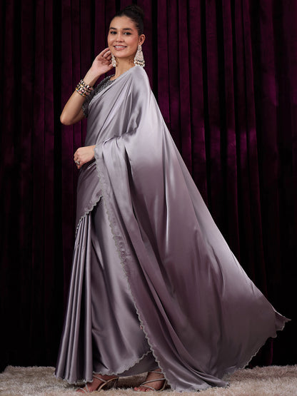 Women's Satin Silk Grey Embellished Designer Saree With Blouse Piece