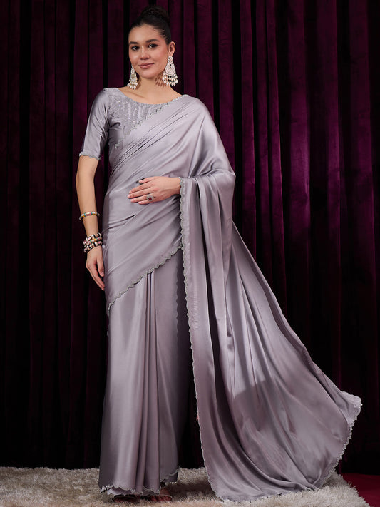 Women's Satin Silk Grey Embellished Designer Saree With Blouse Piece