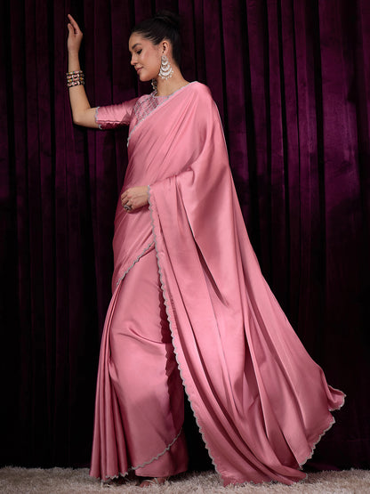 Women's Satin Silk Pink Embellished Designer Saree With Blouse Piece