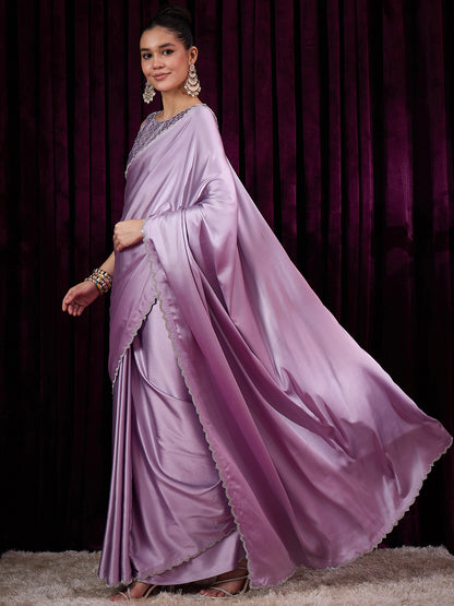 Women's Satin Silk Mauve Embellished Designer Saree With Blouse Piece