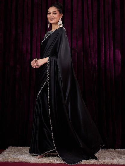 Women's Satin Silk Black Embellished Designer Saree With Blouse Piece