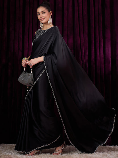 Women's Satin Silk Black Embellished Designer Saree With Blouse Piece