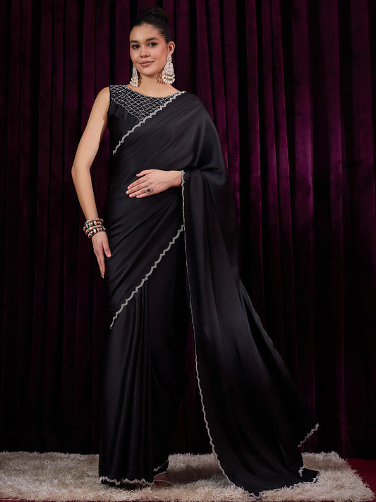 Women's Satin Silk Black Embellished Designer Saree With Blouse Piece