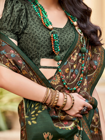 Women's Silk Blend Brown Printed Designer Saree With Blouse Piece