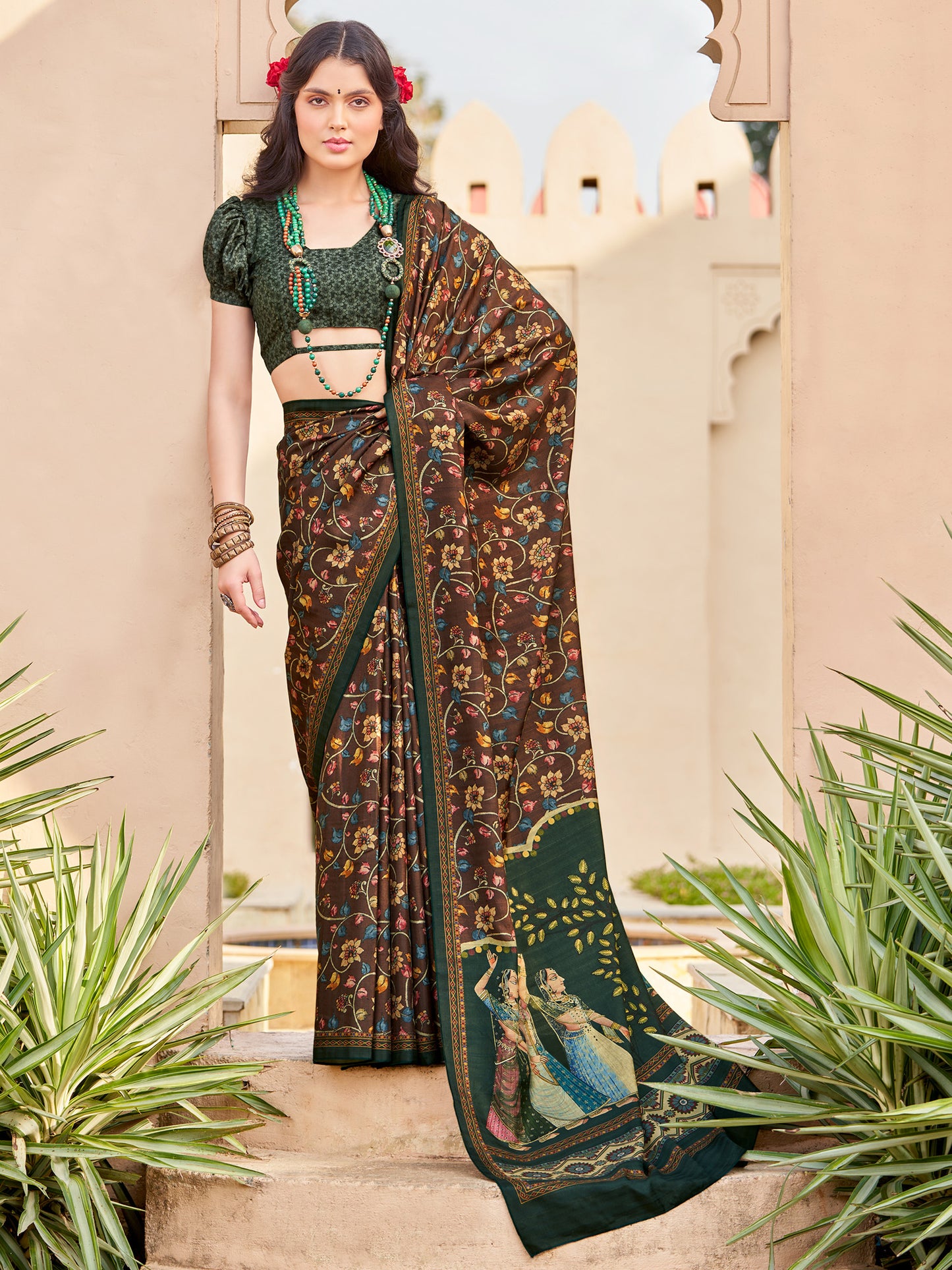 Women's Silk Blend Brown Printed Designer Saree With Blouse Piece