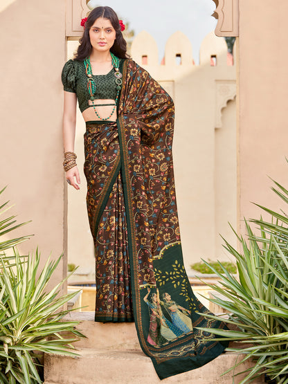 Women's Silk Blend Brown Printed Designer Saree With Blouse Piece