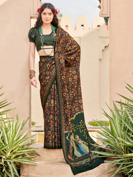 Women's Silk Blend Brown Printed Designer Saree With Blouse Piece