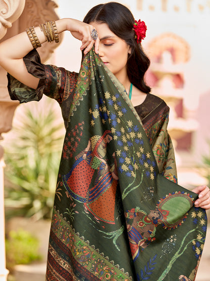Women's Silk Blend Olive Printed Designer Saree With Blouse Piece