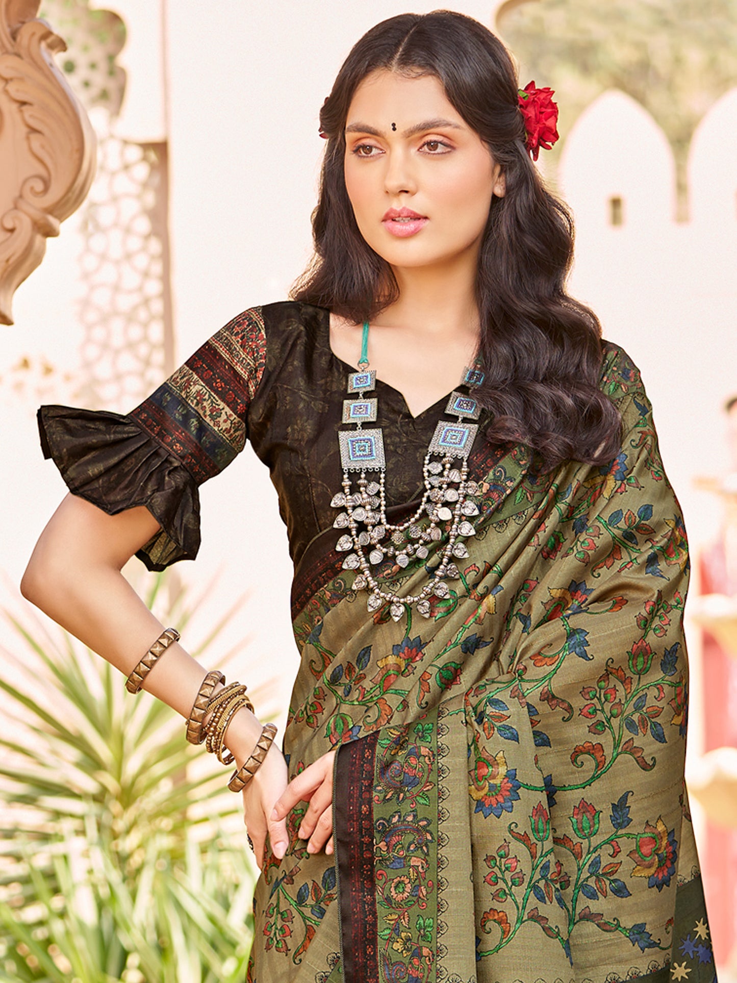 Women's Silk Blend Olive Printed Designer Saree With Blouse Piece