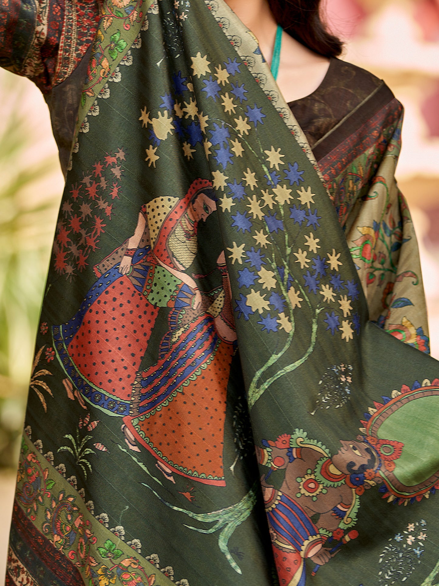 Women's Silk Blend Olive Printed Designer Saree With Blouse Piece