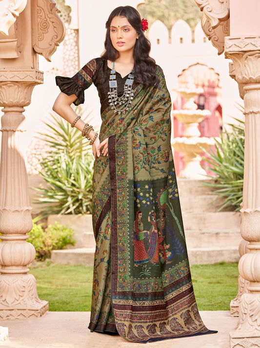 Women's Silk Blend Olive Printed Designer Saree With Blouse Piece