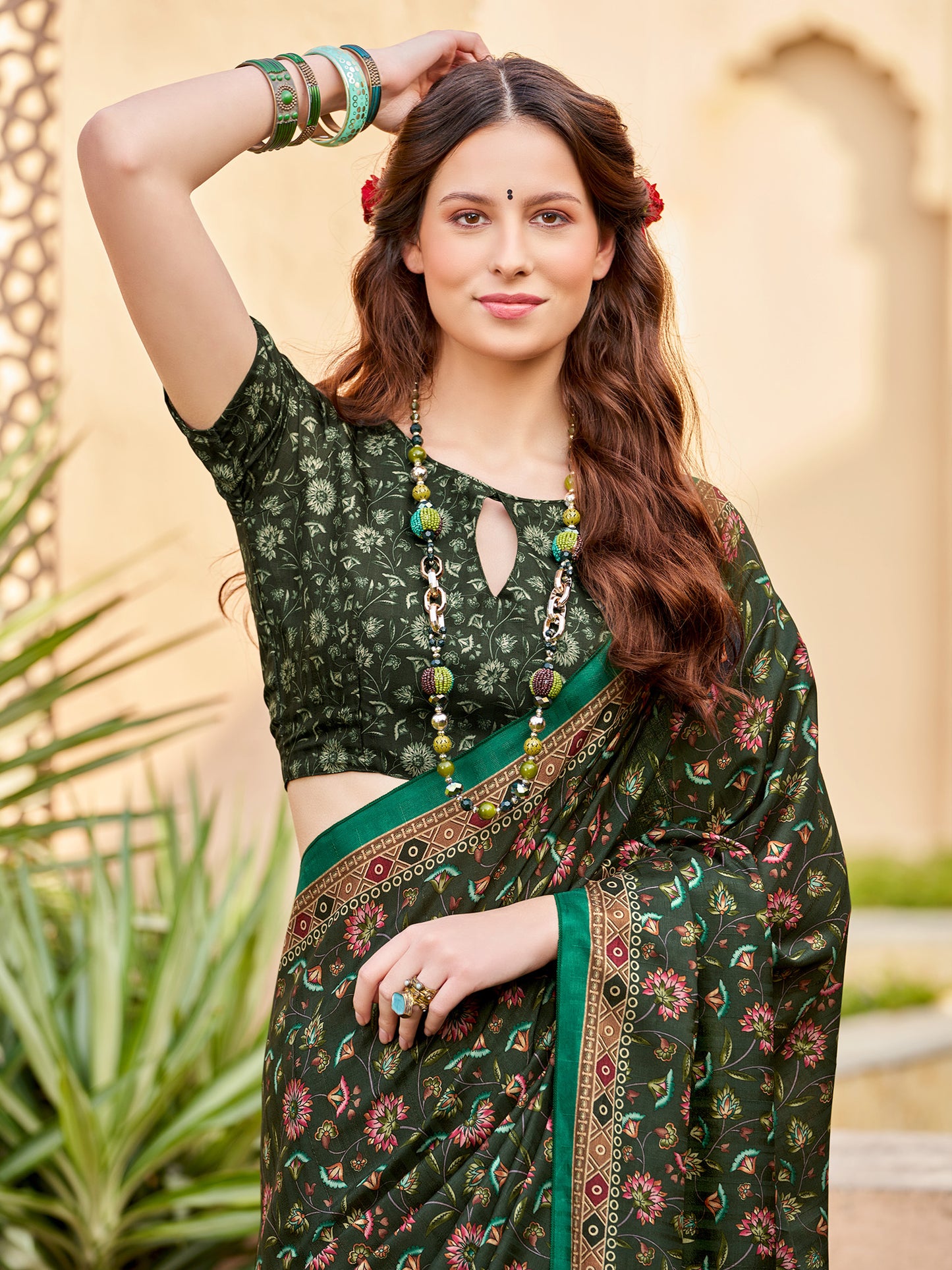 Women's Silk Blend Dark Green Printed Designer Saree With Blouse Piece