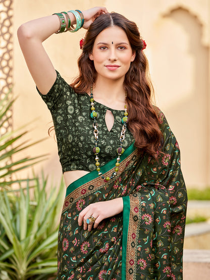 Women's Silk Blend Dark Green Printed Designer Saree With Blouse Piece