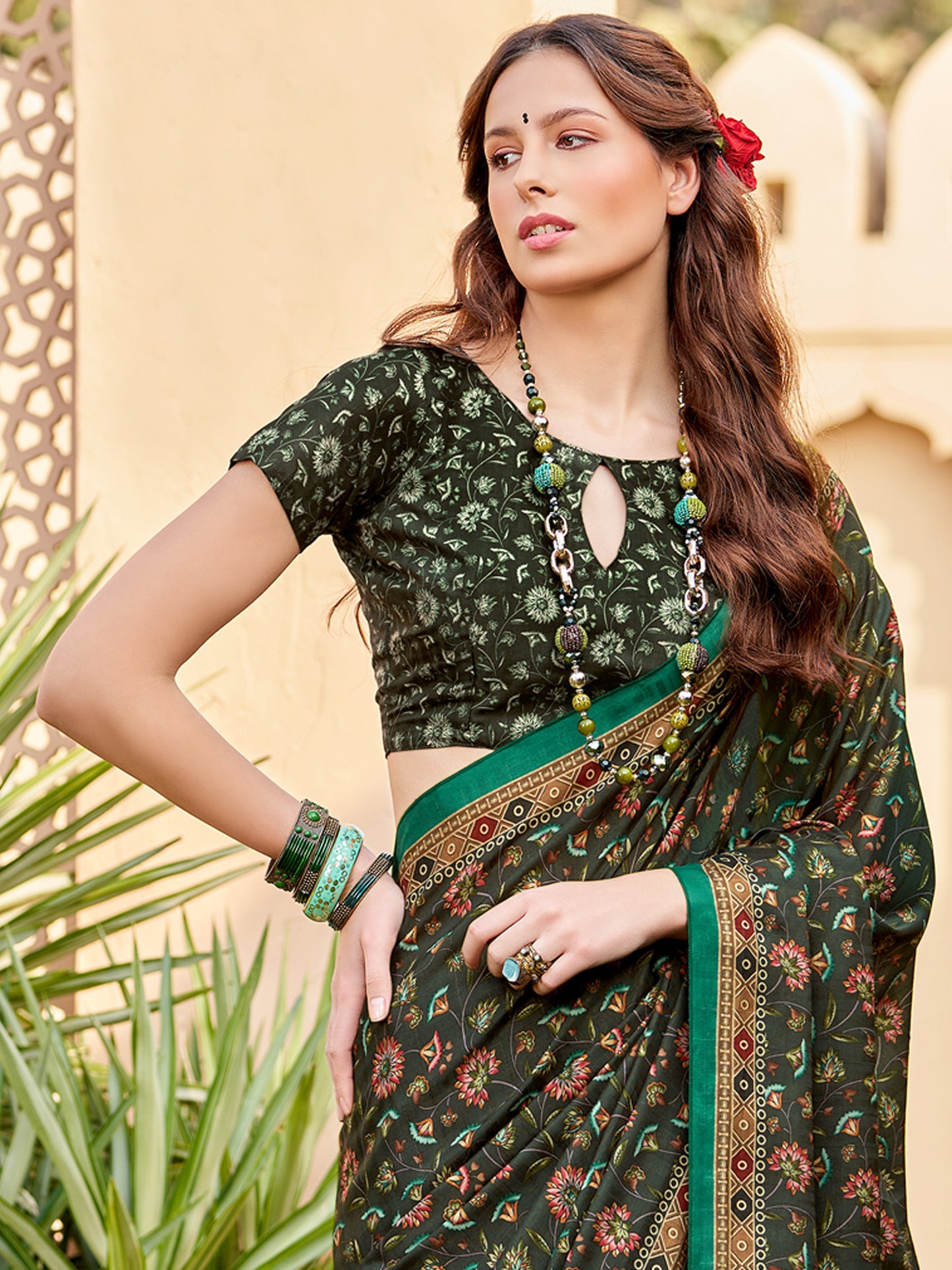 Women's Silk Blend Dark Green Printed Designer Saree With Blouse Piece