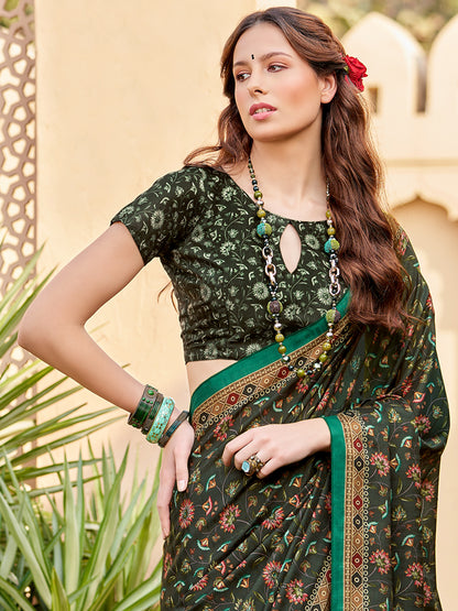 Women's Silk Blend Dark Green Printed Designer Saree With Blouse Piece