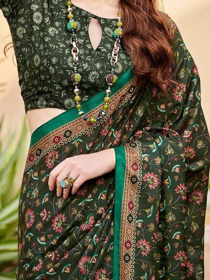 Women's Silk Blend Dark Green Printed Designer Saree With Blouse Piece
