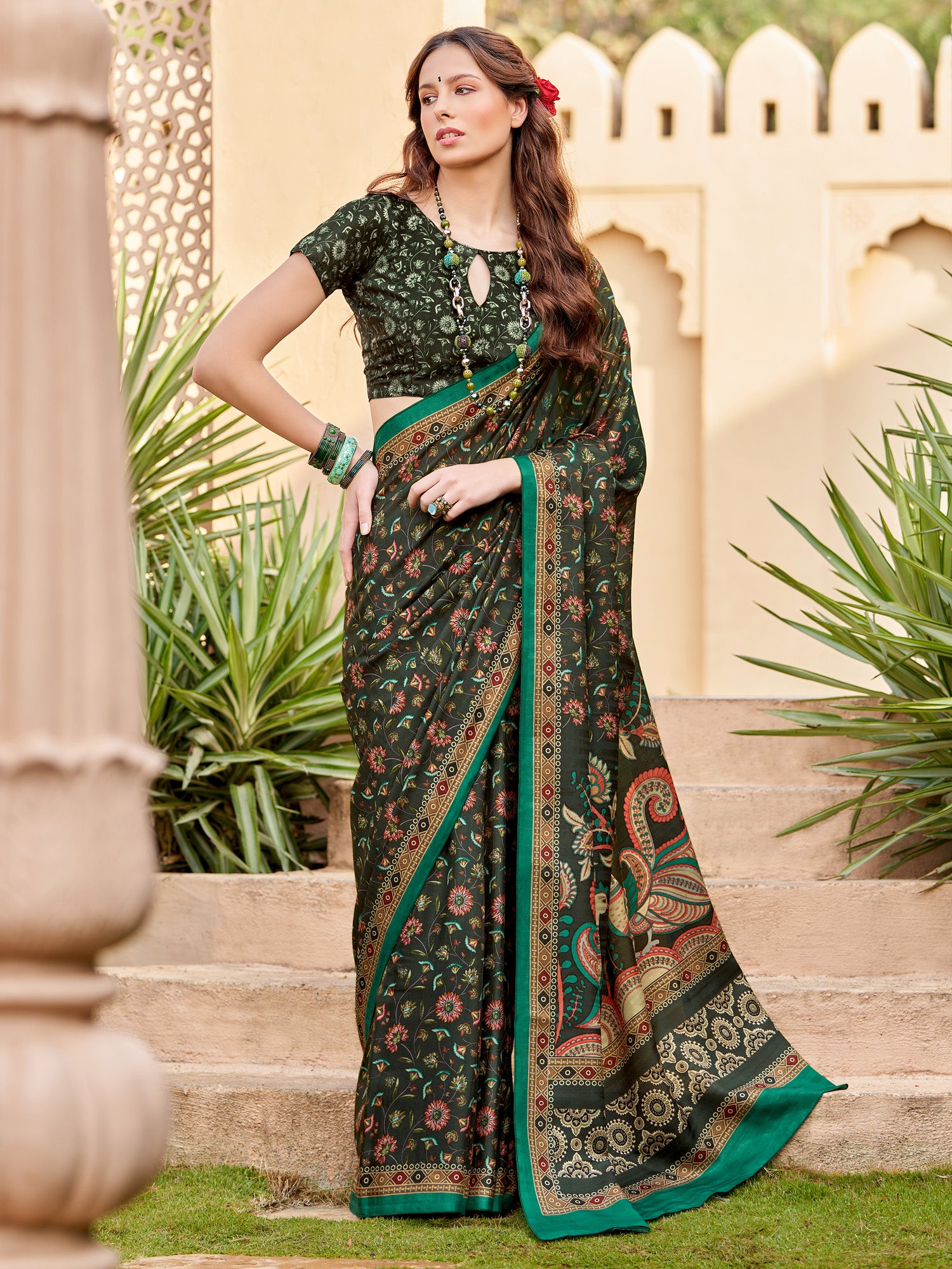 Women's Silk Blend Dark Green Printed Designer Saree With Blouse Piece