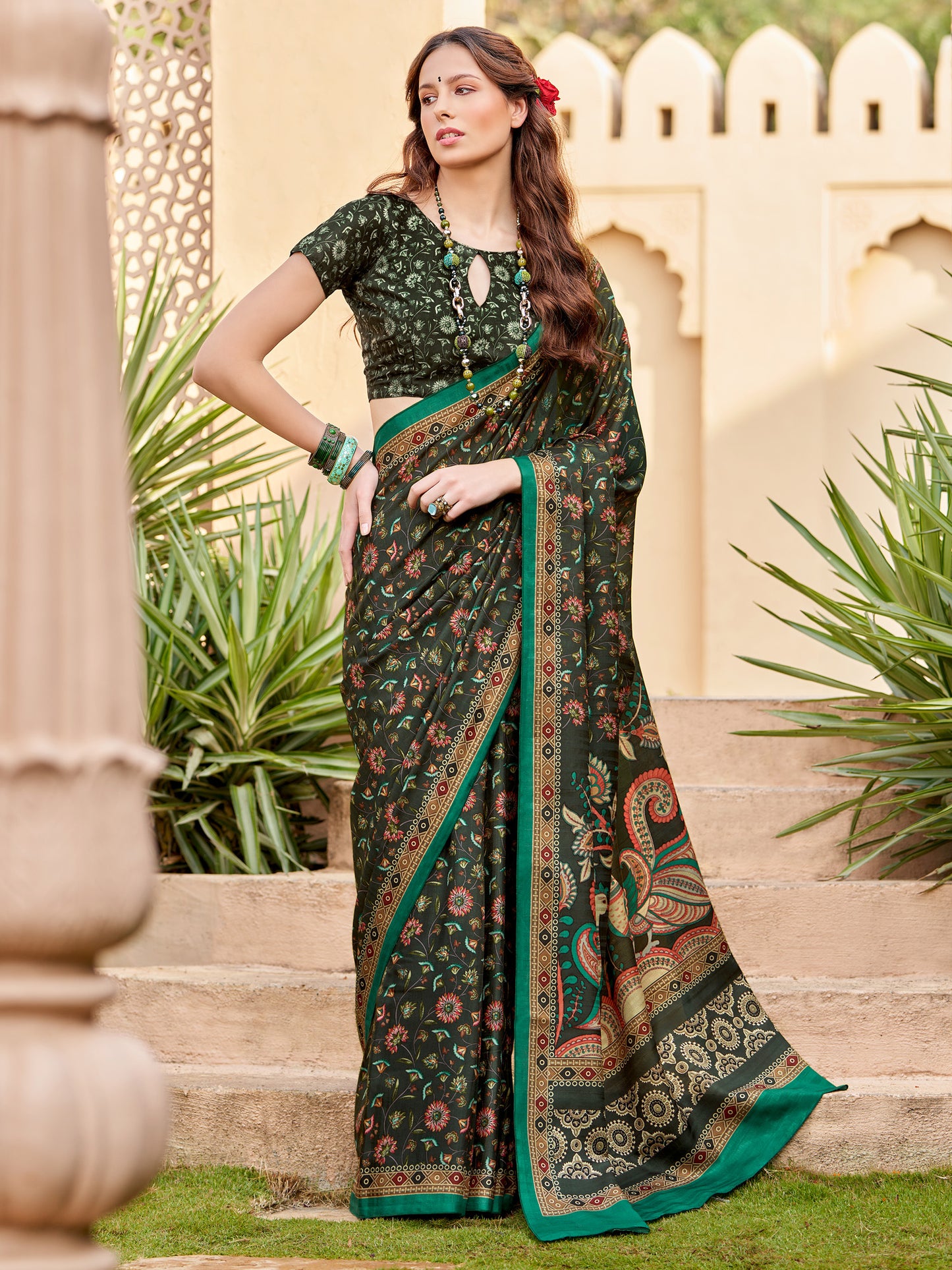 Women's Silk Blend Dark Green Printed Designer Saree With Blouse Piece