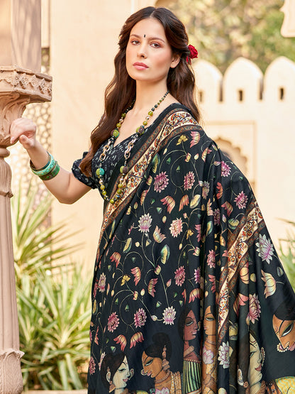 Women's Silk Blend Black Printed Designer Saree With Blouse Piece