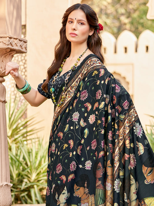 Women's Silk Blend Black Printed Designer Saree With Blouse Piece
