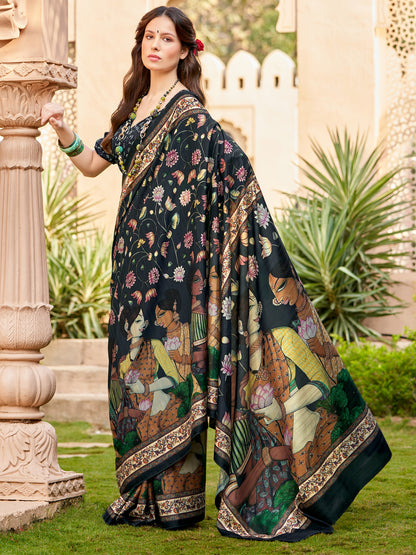 Women's Silk Blend Black Printed Designer Saree With Blouse Piece