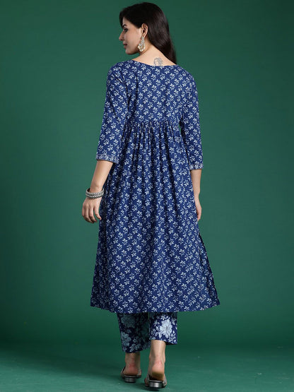 Dhiyona IE Printed V-Neck Pure Cotton A-Line Tunic With Trouser