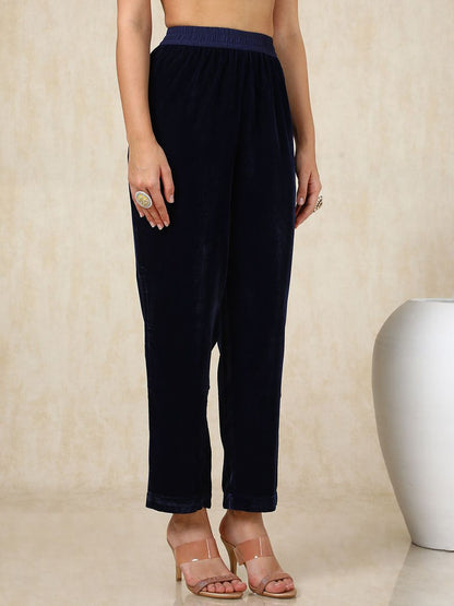 Dhiyona SO Women's Navy Blue Floral Embroidered Round Neck Regular Velvet Kurta With Trouser