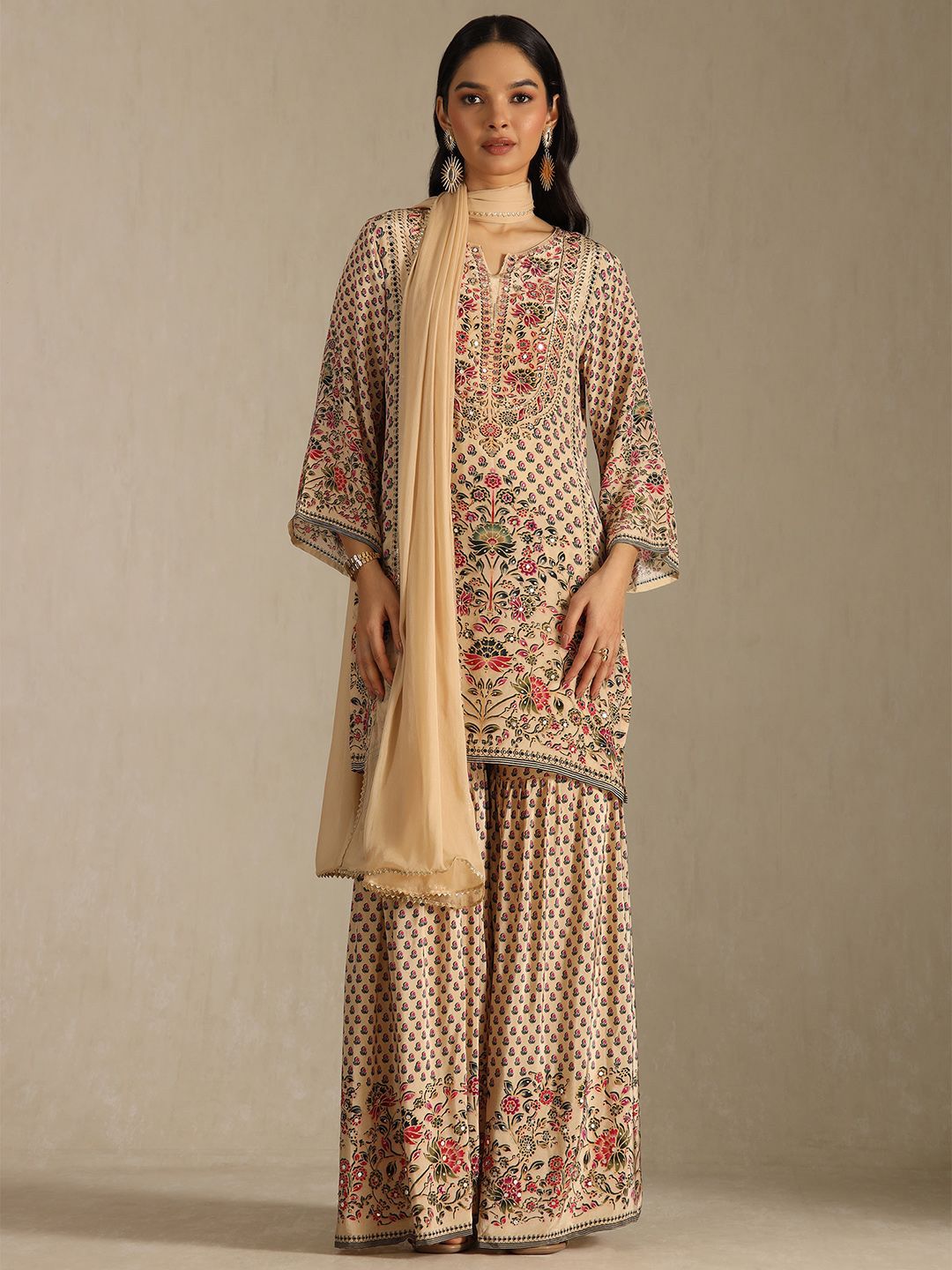 Dhiyona SO Women's Women Ethnic Motifs Printed Regular Mirror Work Kurta With Sharara & Dupatta