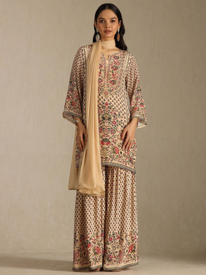 Dhiyona SO Women's Women Ethnic Motifs Printed Regular Mirror Work Kurta With Sharara & Dupatta