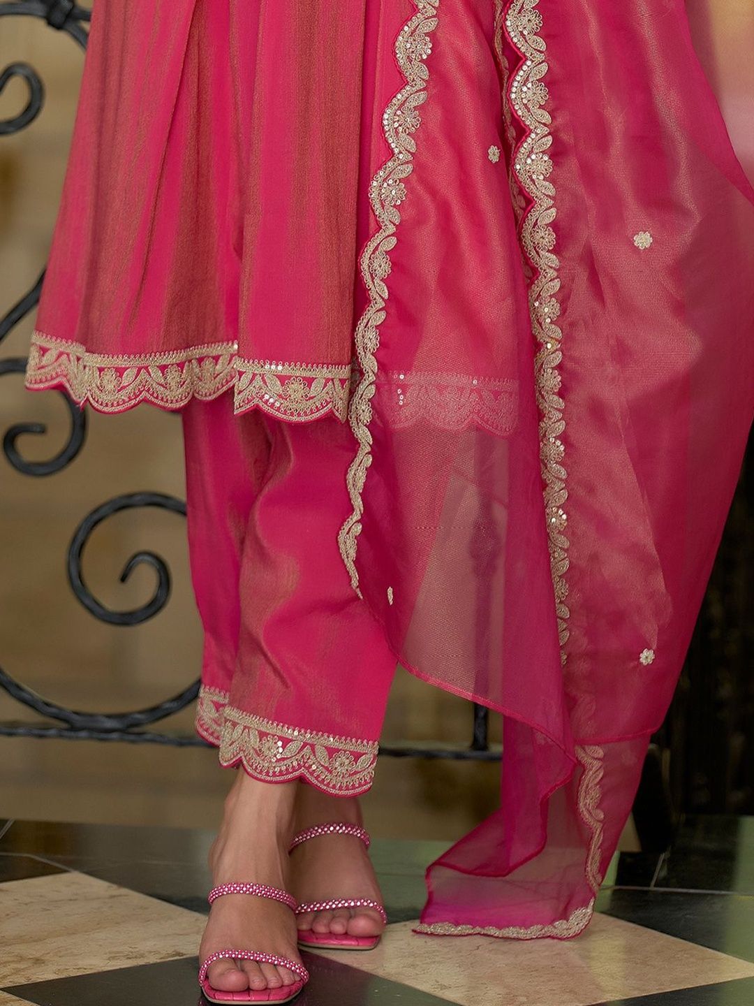 Ethnic Motifs Embroidered Notch Neck A-line Kurta With Trousers & Dupatta