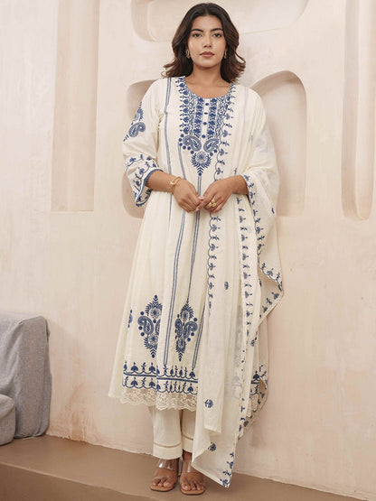 Dhiyona PD Women Floral Embroidered Pure Cotton Kurta & Trousers With Dupatta