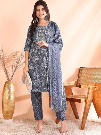 Dhiyona OD  Printed Mirror Work Pure Cotton Kurta With Trousers & Dupatta