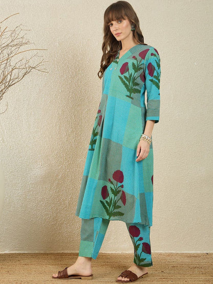 Floral Printed Pure Cotton A Line Kurta With Trousers
