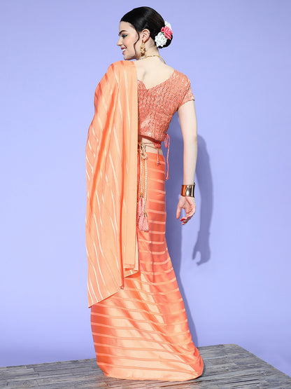 Women's Satin Orange Solid Belted Sarees With Blouse Piece