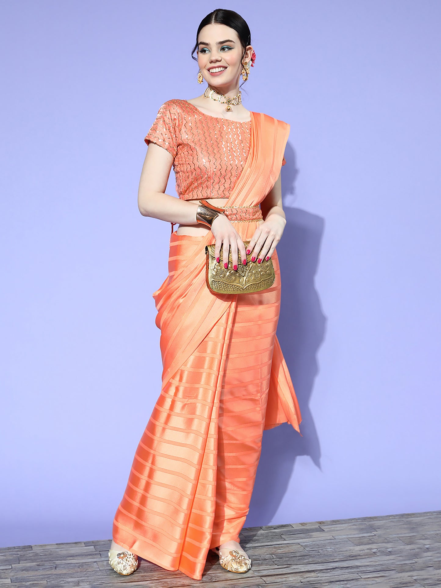 Women's Satin Orange Solid Belted Sarees With Blouse Piece