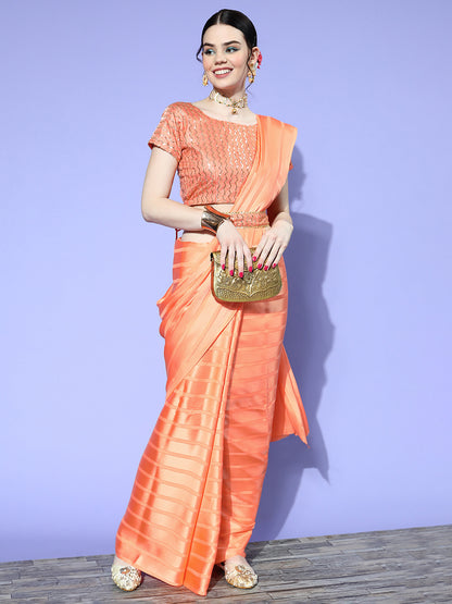 Women's Satin Orange Solid Belted Sarees With Blouse Piece