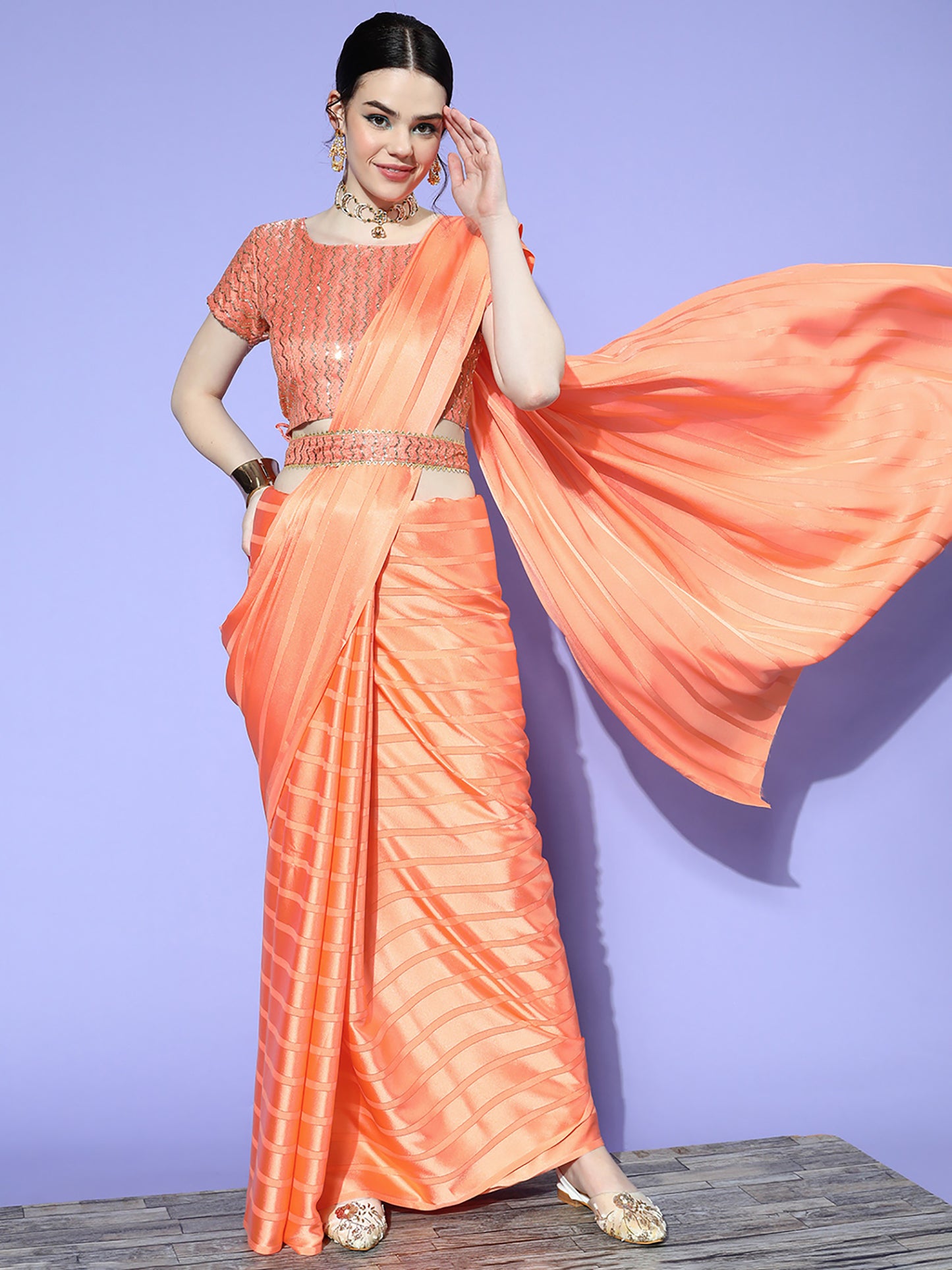 Women's Satin Orange Solid Belted Sarees With Blouse Piece