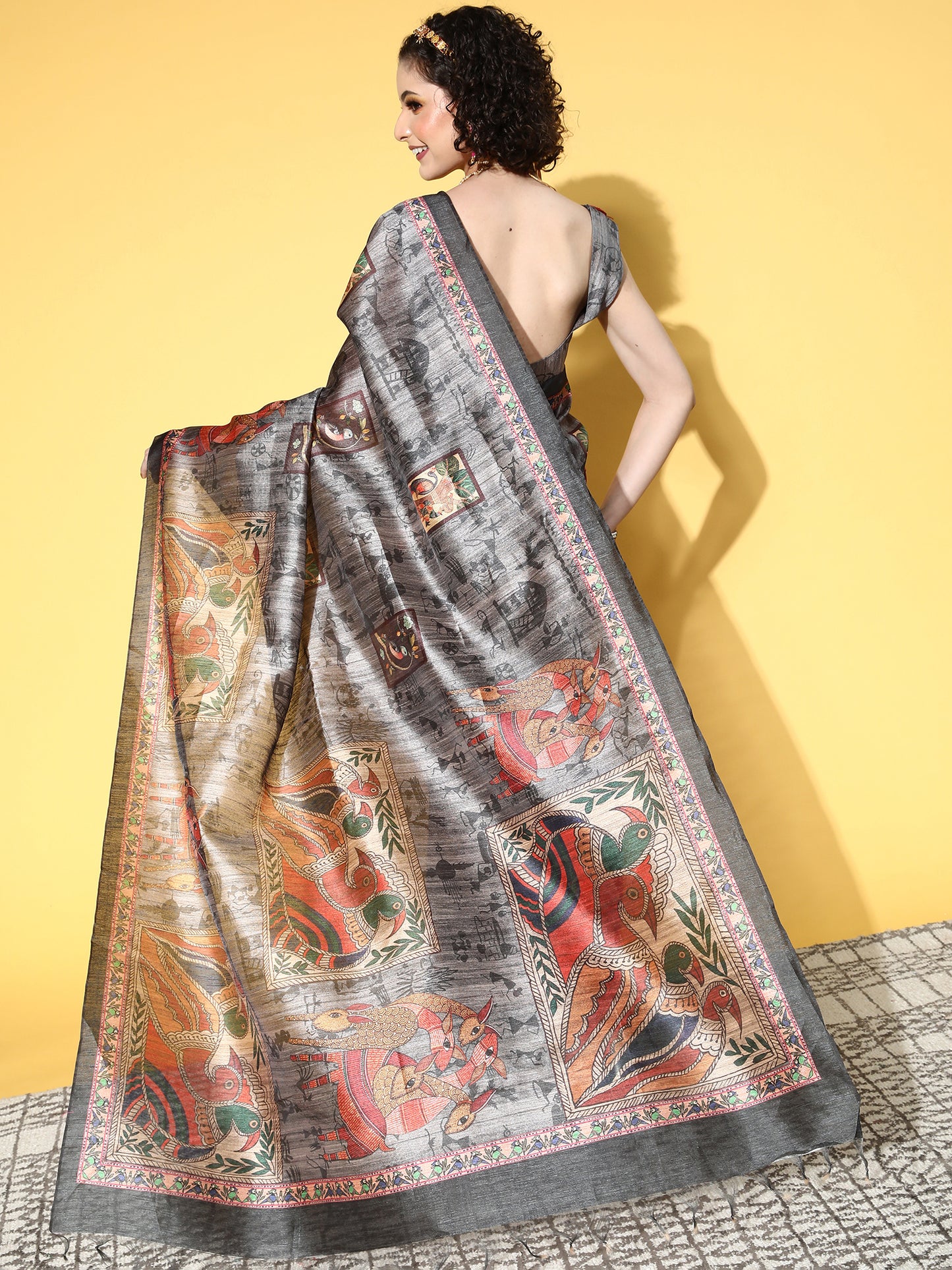 Women's Manipuri Silk Charcoal Grey Printed Designer Saree With Blouse Piece