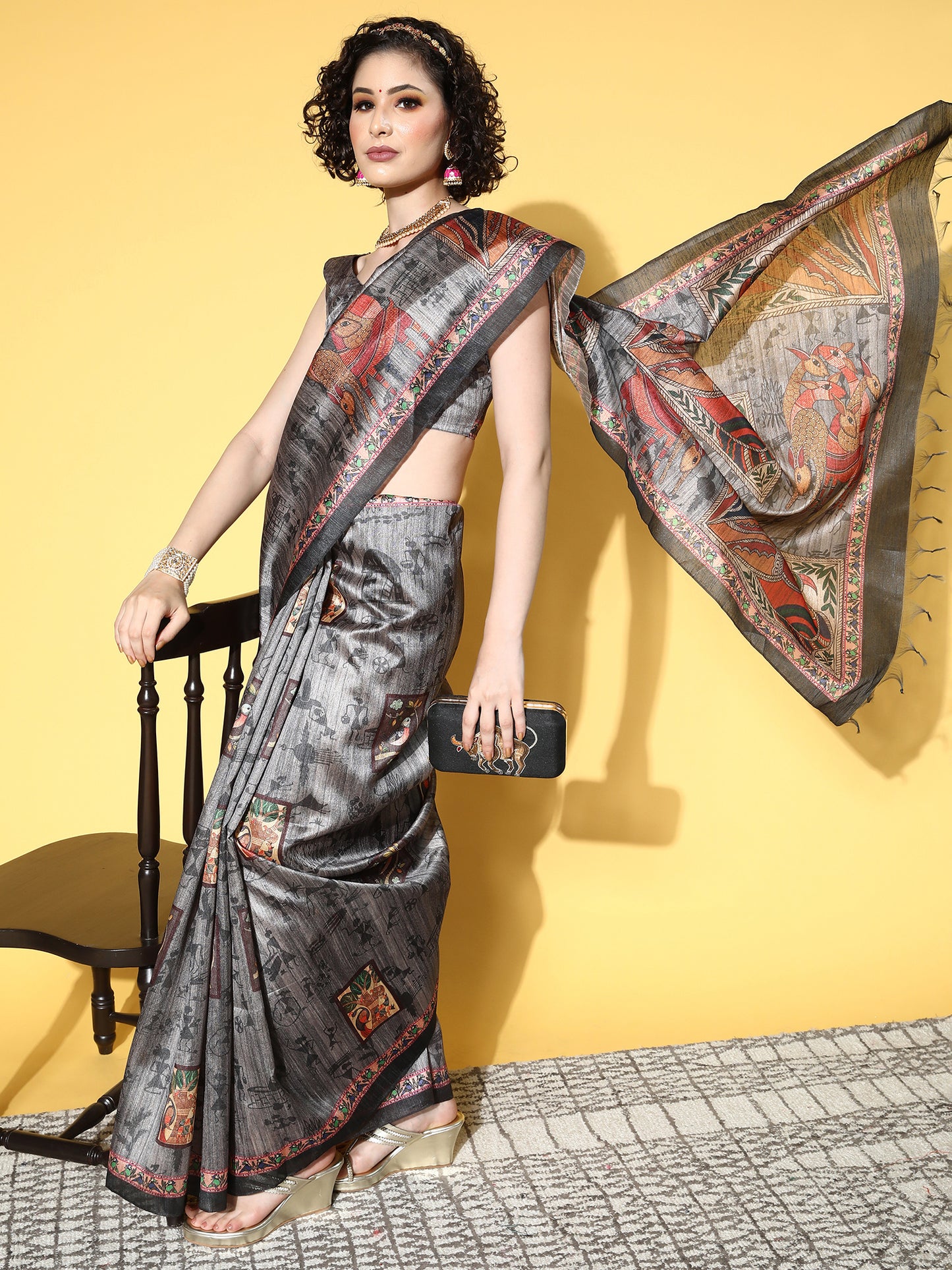 Women's Manipuri Silk Charcoal Grey Printed Designer Saree With Blouse Piece