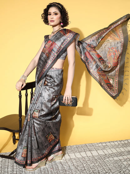 Women's Manipuri Silk Charcoal Grey Printed Designer Saree With Blouse Piece