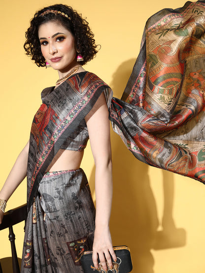 Women's Manipuri Silk Charcoal Grey Printed Designer Saree With Blouse Piece