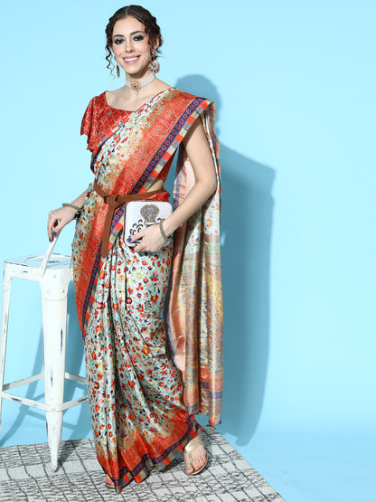 Women's Poly Silk Sea Green Printed Designer Saree With Blouse Piece