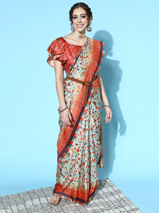 Women's Poly Silk Sea Green Printed Designer Saree With Blouse Piece